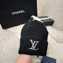 Black Monogram Ribbed Knit Beanie
