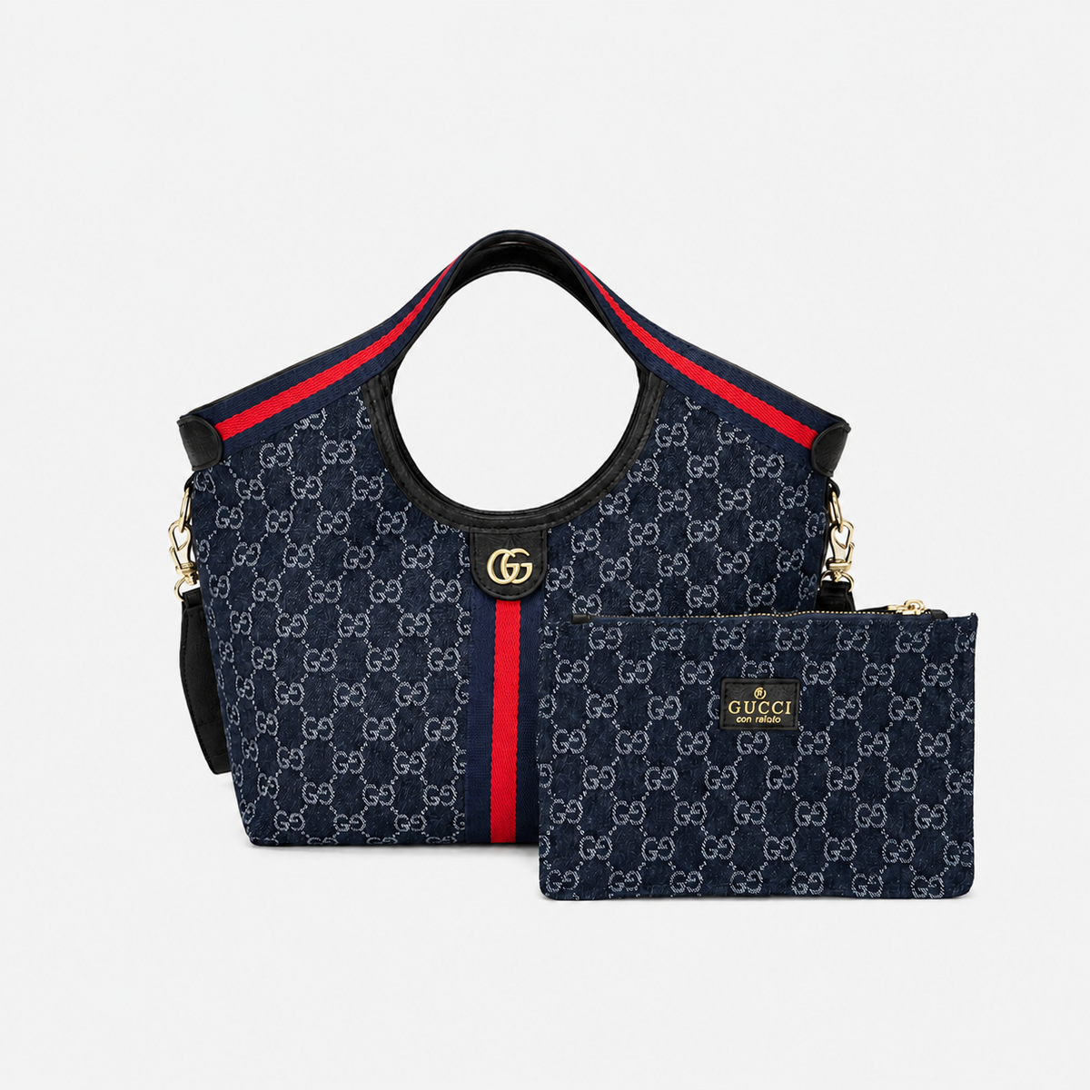 Blue Canvas GG Tote Bag with Mini Poucht