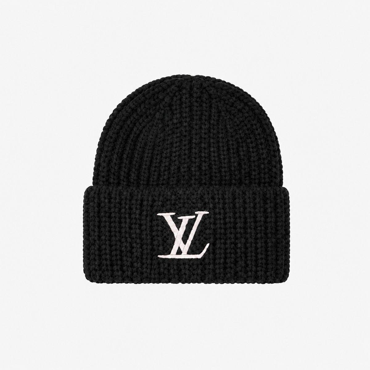 Black Monogram Ribbed Knit Beanie