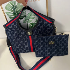 Blue Canvas GG Tote Bag with Mini Poucht