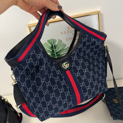 Blue Canvas GG Tote Bag with Mini Poucht