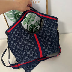 Blue Canvas GG Tote Bag with Mini Poucht