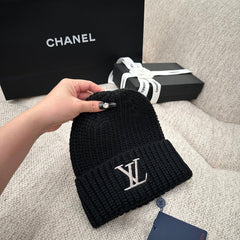 Black Monogram Ribbed Knit Beanie